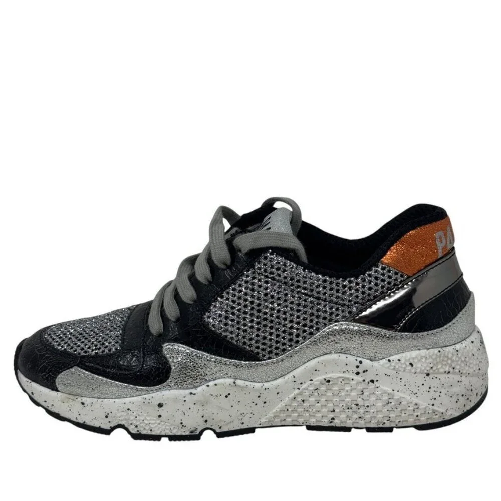 P448 Women’s Size 37 Black Silver Glitter Mesh Chunky Sneakers